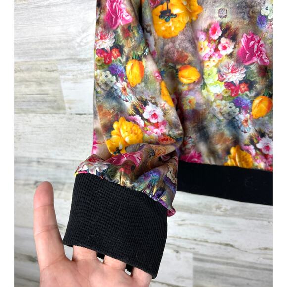 Yoki Women’s Large Yellow Floral Satin Bomber Jacket Zip Up Lightweight Colorful - Picture 7 of 7